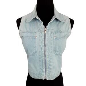 Vintage 90s Gilet Denim Vest Chest Pocket Waistcoat Cropped Zip Front Womens L